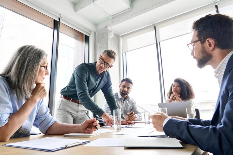 A focus group in a conference room.